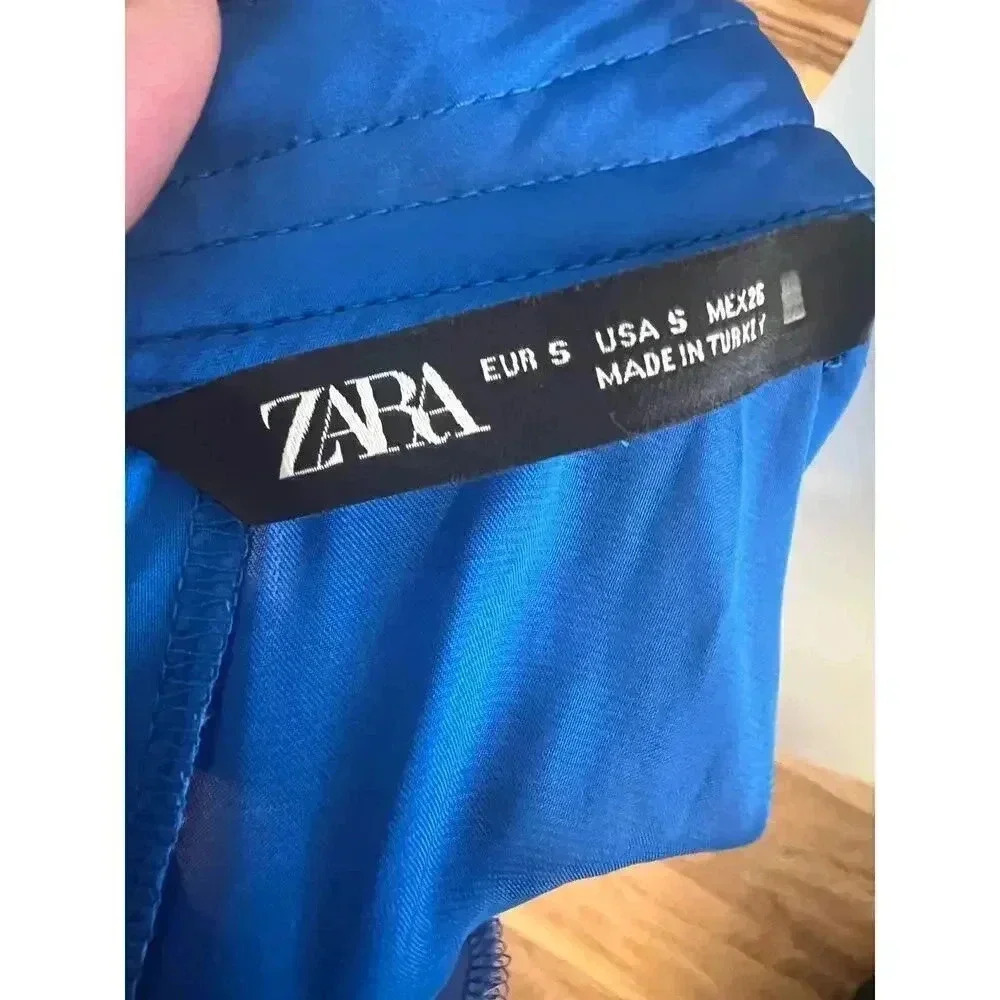 ZARA womens blue sleeveless satin ruffled neck shirt size small - Picture 8 of 8